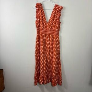 BP. Orange Polka Dot Midi Dress Womens XL V Neck Ruffle Trim Smocked Waist